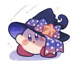  :o black_hat blue_eyes blush_stickers bow commentary_request full_body harukui hat hat_bow hat_ornament highres kirby kirby_(series) no_humans open_mouth print_bow purple_bow simple_background solo standing star_(symbol) star_hat_ornament star_print white_background witch_hat 