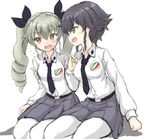  anchovy anzio_school_uniform arm_around_shoulder black_hair black_ribbon blush breasts brown_eyes drill_hair girls_und_panzer green_hair medium_breasts multiple_girls necktie pantyhose pepperoni_(girls_und_panzer) ribbon sketch sweatdrop twintails wabiushi white_background yellow_eyes yuri 