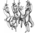  balls bottomless butt canine cervine clothed clothing cute_fangs dangling deer erection fox front_view frown greyscale hooves lawyerdog looking_down mammal monochrome pants_down partially_clothed penis rear_view struggling suspension wide_eyed 