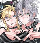  2boys 3_3lecho absurdres alternate_costume alternate_hairstyle badge black-framed_eyewear black_collar black_hat black_nails black_shirt blonde_hair blue_eyes bracelet button_badge chain chain_necklace cloud_strife collar earrings eyebrow_piercing face_piercing fangs final_fantasy final_fantasy_vii final_fantasy_vii:_ever_crisis glasses goth_fashion green_eyes grey_hair hair_intakes hand_on_another's_shoulder hat heart heart_hands heart_hands_duo highres jewelry light_frown light_smile lip_piercing long_sleeves looking_at_viewer low_ponytail male_focus medium_hair multiple_boys multiple_rings necklace piercing ponytail ring scarf sephiroth sephiroth_(ever_crisis) shirt short_ponytail slit_pupils snake_earrings spiked_bracelet spikes star_(symbol) striped_clothes striped_scarf striped_shirt teardrop-framed_glasses time_paradox upper_body 