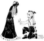  2girls bamboo_print boots bow closed_mouth collared_shirt commentary_request frilled_skirt frills fujiwara_no_mokou greyscale hair_bow highres houraisan_kaguya long_hair long_skirt long_sleeves middle_finger monochrome multiple_girls multiple_hair_bows ofuda ofuda_on_clothes on_one_knee pants photo-referenced print_skirt shirt skirt smile suspenders tamiko_(tamik0224) touhou very_long_hair 