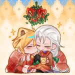  2boys alternate_costume antlers argyle_background bbsing bell black_pants blanket blonde_hair blush brown_sweater cheek-to-cheek chibi chibi_only christmas closed_eyes cloud_strife cup deer_tail detached_sleeves fake_antlers final_fantasy final_fantasy_vii full_body green_ribbon grey_hair hair_ribbon hair_slicked_back hand_on_another's_back heads_together highres holding holding_cup horns long_hair low-tied_long_hair male_focus mistletoe mug multiple_boys neck_bell pants pillow red_ribbon red_scarf red_shoes red_sweater reindeer_antlers ribbon scarf sephiroth shoes sitting sleeveless sleeveless_sweater sparkle sweater tail very_long_hair watermark watermark_grid winter_clothes yaoi 