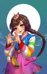  1girl 2017 alternate_costume alternate_hairstyle artist_name bangs bow braid brown_eyes brown_hair bunny_hair_ornament cowboy_shot d.va_(overwatch) dated eyelashes facial_mark fingers_together full_moon hair_bow hair_ornament hanbok heart heart_hands korean_clothes lips long_hair long_sleeves looking_at_viewer md5_mismatch moon multicolored multicolored_stripes overwatch palanquin_d.va parted_lips pink_lips pink_skirt purple_bow signature skirt solo striped striped_sleeves tassel whisker_markings 