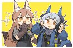  +++ 2girls animal_ear_fluff animal_ears arknights black_skirt blue_jacket border brown_gloves brown_hair commentary_request dragon_girl dragon_horns dragon_tail elbow_gloves fox_ears fox_girl fox_tail franka_(arknights) gloves grey_hair grey_shirt hand_on_own_head hand_up high-waist_skirt holding holding_walkie-talkie horns id_card jacket konno_akikaze laughing liskarm_(arknights) long_hair multiple_girls open_mouth orange_eyes outline shirt short_hair sidelocks simple_background skirt tail upper_body walkie-talkie white_border yellow_background yellow_eyes 
