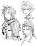  2boys 3_3lecho absurdres choker cloud_strife cloud_strife_(ball_gown) commentary_request cropped_torso crossdressing crossdressing_(mtf) dress final_fantasy final_fantasy_vii final_fantasy_vii_remake frilled_choker frilled_dress frills greyscale highres light_smile long_bangs long_hair looking_at_viewer looking_up monochrome multiple_boys multiple_views official_alternate_costume parted_bangs puffy_sleeves sephiroth short_hair sketch slit_pupils spiked_hair tiara 