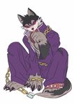  abs anthro black_fur black_nose black_sclera canine chain clothed clothing coat fur garmr male mammal multicolored_fur open-coat red_fur simple_background solo tokyo_afterschool_summoners tongue tongue_out white_background wolf 