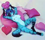  &lt;3 2017 4_toes anthro areola barefoot biped black_claws black_fur black_nose black_stripes black_tail blue_claws blue_eyes blue_fur blue_hair blue_nipples blue_pussy blue_tail breasts claws collar countershade_torso countershading digital_media_(artwork) english_text eyebrows female fingerless_(marking) full-length_portrait fur hair hands_above_head high-angle_view holding_object hyena looking_at_viewer lying mammal multicolored_fur multicolored_tail navel nipples nude on_back pillow portrait pussy redcreator short_hair signature smile snout solo striped_fur striped_hyena striped_tail stripes text toe_claws toeless_(marking) toes two_tone_tail white_countershading white_fur 