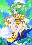  1girl absurdres animal_ear_fluff animal_ears animal_hands animal_print bare_legs blue_sky boomerang cat_ears cat_girl cat_tail cham_cham claws cloud commentary_request dress full_body gloves green_eyes green_hair hair_ornament hand_up highres holding_boomerang kisaragi_miyuki leaf long_hair microdress open_mouth paw_gloves paw_shoes print_dress samurai_spirits shoes single_strap sky smile solo sphere_hair_ornament spiked_hair standing tail takemoto_izumi_(style) tiger_print torn_clothes torn_dress very_long_hair yellow_dress yellow_gloves yellow_shoes 