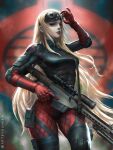  1girl adjusting_eyewear anti-materiel_rifle armor ass_visible_through_thighs barrett_m82 black_armor black_leotard black_thighhighs blonde_hair blue_eyes blurry blurry_background breasts chameleon_(g.i.joe) cobra_(animal) cobra_command comic_cover commentary cowboy_shot english_commentary eyeshadow fishnet_pantyhose fishnets floating_hair g.i._joe gloves goggles goggles_on_head gun highres holding holding_gun holding_weapon kunkka leotard long_hair makeup medium_breasts mole mole_under_mouth official_art pantyhose parted_lips red_eyeshadow red_gloves red_lips red_pantyhose rifle sniper_rifle solo thighhighs weapon 