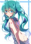  aosaki_yato ass back backless_dress backless_outfit bangs bare_back bare_shoulders blush breasts butt_crack closed_mouth dress eyebrows_visible_through_hair eyes_visible_through_hair from_behind green_dress green_eyes green_hair hair_between_eyes halterneck hatsune_miku highres long_hair looking_at_viewer looking_back meme_attire naked_sweater no_bra no_panties ribbed_sweater sideboob simple_background small_breasts solo sweater sweater_dress turtleneck turtleneck_sweater twintails virgin_killer_sweater vocaloid white_background 