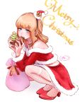  1boy adam's_apple bare_shoulders bell black_hairband blonde_hair blue_eyes blunt_bangs blush christmas christmas_tree closed_mouth criss-cross_halter crossdressing crossdressing_(mtf) cupcake curled_fingers earrings fishnet_thighhighs fishnets fluffy_hair food food_on_face fur-trimmed_skirt fur-trimmed_sleeves fur-trimmed_sweater fur_trim gift_bag gold_ribbon green_ribbon hairband half_updo halterneck hands_up hat high_heels highres holding holding_food jewelry jingle_bell lace-trimmed_skirt lace_trim leaning_forward legs_together long_sidelocks looking_at_viewer makeup male_focus medium_hair merry_christmas midriff_peek mini_hat mistletoe multicolored_ribbon multiple_earrings off-shoulder_sweater off_shoulder original pink_bag plump puckered_lips pumps red_ribbon red_shoes red_skirt red_sweater reindeer ribbon santa_costume santa_hat seira_(yuki_touko) shoes sidelocks simple_background skirt solo sound_effects squatting straight_hair sweater thighhighs thighs translated trap white_thighhighs yuki_touko 