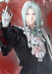  1boy alternate_costume alternate_hairstyle aristocratic_clothes ascot black_suit collar commentary cup drinking_glass final_fantasy final_fantasy_vii frilled_collar frills gem gloves green_eyes green_gem grey_hair hair_intakes hair_over_shoulder hand_up highres holding holding_cup jacket light_smile long_bangs long_hair looking_at_viewer low-tied_long_hair male_focus minaminooyama parted_bangs red_background sephiroth slit_pupils solo suit suit_jacket symbol-only_commentary upper_body white_ascot white_gloves wine_glass 