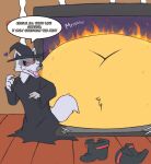 4_claws alternate_costume alternative_fashion anthro appliance belly big_belly black_clothing bodily_fluids canid canine canis claws cleanplague clothed clothing death_(puss_in_boots) dialogue domestic_cat dreamworks duo faceless_character faceless_male facial_markings felid feline felis fire fur grey_body grey_fur grin hat head_markings headgear headwear heart_symbol helpless hi_res huge_belly imminent_death kitchen_appliance male mammal markings mask_(marking) morbidly_obese morbidly_obese_anthro morbidly_obese_male navel obese obese_anthro obese_male open_mouth open_smile orange_body orange_fur oven overweight overweight_anthro overweight_male panicking peril puss_in_boots_(dreamworks) puss_in_boots_(franchise) red_eyes size_difference smile speech_bubble sweat tail teeth text weight_gain witch_costume witch_hat wolf