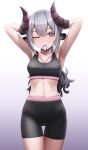  1girl absurdres adjusting_hair alternate_costume animal_ears armpits arms_behind_head arms_up bare_arms bike_shorts black_shorts black_sports_bra breasts chikafuji_lisa chromashift cleavage closed_mouth commentary english_commentary gradient_background grey_hair hair_between_eyes hair_tie highres horns long_hair medium_breasts midriff mouth_hold one_eye_closed ponytail purple_eyes sheep_ears sheep_girl sheep_horns shorts smile solo sports_bra standing virtual_youtuber wavefile workout_clothes yoga_shorts 