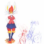  1boy 1girl animal_ears animal_feet animal_hands animal_nose arm_at_side barefoot blue_fur blue_skirt body_fur bright_pupils buttons cinderace closed_mouth clothed_pokemon collared_shirt commentary english_commentary flat_chest full_body gengar hand_on_own_hip happy heel_up highres j.jama looking_at_viewer lucario miniskirt multicolored_fur multiple_views partially_colored pleated_skirt pokemon pokemon_(creature) rabbit_ears rabbit_girl red_eyes red_fur red_hair red_shirt school_uniform shirt short_hair short_sleeves simple_background sketch_inset skirt smile standing white_background white_fur white_pupils yellow_fur 