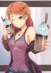  arigato_(rmskrtkdlqj) bangs bare_shoulders blurry blush braid breasts brown_eyes brown_hair coffee cookie cup depth_of_field disposable_cup drink food frappuccino giving hair_ornament hairclip holding houjou_karen idolmaster idolmaster_cinderella_girls jacket jewelry long_hair looking_at_viewer medium_breasts necklace off_shoulder one_eye_closed open_clothes open_jacket orange_hair oreo outstretched_arm smile solo tank_top upper_body wafer_stick whipped_cream 
