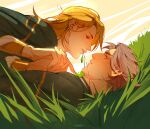  2boys absurdres acra_mitch alhaitham_(genshin_impact) black_shirt choker closed_mouth commentary dutch_angle english_commentary eye_contact field genshin_impact grass grey_hair hair_behind_ear highres holding_hands interlocked_fingers jewelry kaveh_(genshin_impact) looking_at_another lying male_focus multiple_boys necklace necklace_in_mouth on_back outdoors parted_bangs parted_lips shirt smile yaoi 