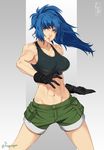  abs biceps black_gloves blue_eyes blue_hair breasts cleavage crop_top feguimel fighting_stance gloves highres large_breasts leona_heidern midriff navel ponytail shorts solo stomach tank_top the_king_of_fighters toned 
