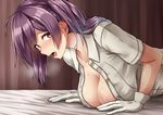  ahoge bed_sheet blush breast_press breasts brown_eyes commentary_request gloves hagikaze_(kantai_collection) kamelie kantai_collection large_breasts long_hair looking_at_viewer lying no_bra on_bed on_stomach one_side_up open_clothes open_mouth open_shirt purple_hair shirt short_sleeves solo sweat white_gloves 