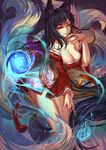  ahri animal_ears aurora_rokudo bare_legs bare_shoulders black_hair breasts cleavage collarbone detached_sleeves fox_ears fox_tail glowing highres korean_clothes large_breasts league_of_legends light_smile long_hair long_sleeves low_neckline magic multiple_tails off_shoulder orb parted_lips solo standing tail very_long_hair whisker_markings yellow_eyes 