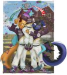 anthro award canid canine confetti dragon ear_piercing facial_piercing fennec_fox fox gesture green_eyes group hand_gesture hi_res horn kobold mammal mythological_creature mythological_scalie mythology nose_piercing nose_ring piercing racing_suit red_eyes ring_piercing scalie sitting_on_shoulders tail thefoxwife trio trophy true_fox v_sign yellow_sclera