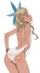  ass backless_outfit bare_back blonde_hair blue_eyes blush commentary dark_skin granblue_fantasy hair_ribbon io_euclase looking_at_viewer looking_back one-piece_swimsuit ribbon rkrk see-through solo swimsuit swimsuit_pull tight twintails wavy_mouth white_background 