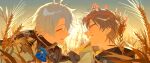  2boys absurdres antenna_hair arm_ribbon armor barbarnum_22 black_choker black_coat blue_cape blue_flower blue_sky caelus_(honkai:_star_rail) cape choker closed_eyes coat commentary_request evening flower gold_trim grey_hair hair_between_eyes hand_on_another's_head hand_up head_wreath highres honkai:_star_rail honkai_(series) hood hooded_coat jacket long_sleeves male_focus multiple_boys open_mouth outdoors phainon_(honkai:_star_rail) ribbon short_hair shoulder_armor sky smile sun sun_symbol sunset teeth tongue trailblazer_(honkai:_star_rail) upper_body weeds white_jacket yaoi 