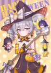  3girls :d :o absurdres angel_and_devil asymmetrical_gloves bare_shoulders black_dress black_gloves black_hair black_hat blue_eyes blue_hair bottle bronya_zaychik bronya_zaychik_(nightfall_witch) bronya_zaychik_(snowy_sniper) broom brown_background brown_wings candy commentary_request demon_girl demon_horns demon_wings detached_wings dress drill_hair elbow_gloves food gloves grey_eyes grey_hair halloween halloween_bucket halo happy_halloween hat highres holding holding_bottle holding_broom holding_candy holding_food holding_lollipop homu_(honkai_impact) honkai_(series) honkai_impact_3rd horns lantern lollipop mini_person minigirl multicolored_hair multiple_girls orange_gloves parted_lips polka_dot polka_dot_background red_eyes red_hair rinna_(xxrinna) seele_(alter_ego) seele_vollerei signature single_elbow_glove smile swirl_lollipop twin_drills twintails two-tone_hair white_dress wings witch_hat 