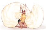  absurdres alternate_color animal_ear_fluff animal_ears bare_legs barefoot bike_shorts blonde_hair blush clothes_tug dark_skin embarrassed fluffy fox_ears fox_tail full_body highres kneeling large_tail long_hair looking_at_viewer original pink_eyes simple_background solo sub-res sub-tan sweater sweater_tug tail yellow_sweater 