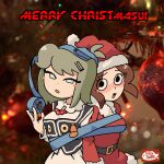  2girls american_revolution_smuggler antenna_hair aqua_eyes artist_logo back-to-back bead_necklace beads blurry blurry_background blush bound breast_bondage breasts bright_pupils christmas christmas_lights christmas_ornaments christmas_tree commentary company_connection depth_of_field dress english_commentary english_text engrish_text green_hair hat highres hirotonfa jaggy_lines jewelry logo looking_at_viewer loyalist_(american_revolution_smuggler) marie_(peripeteia) medium_breasts merry_christmas multiple_girls necklace nervous nervous_sweating official_art peripeteia photo_background promotional_art ranguage red_dress red_hat reflection ribbon ribbon_bondage santa_costume santa_dress santa_hat second-party_source short_hair sweat upper_body white_dress white_pupils 