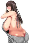  ass bare_back blush breasts brown_eyes brown_hair butt_crack girls_und_panzer huge_breasts long_hair meme_attire naked_sweater nishizumi_shiho ozyasadayo sagging_breasts sideboob simple_background solo sweater virgin_killer_sweater white_background 