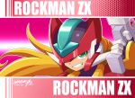  1boy absurdres armor blonde_hair energy_gun forehead_jewel green_eyes gun helmet highres holding holding_gun holding_weapon ligoniblack long_hair male_focus mega_man_(series) mega_man_zx model_zx_(mega_man) parted_lips pink_background red_armor red_helmet smirk solo upper_body vent_(mega_man) weapon 