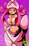  1girl ;p areola_slip areolae bare_shoulders blue_eyes breasts dark_skin face_paint highres large_breasts legendary_pokemon looking_at_viewer navel nipples personification pink_hair pokemon pokemon_(game) pokemon_sm stomach tapu_lele tubetop 