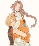  1boy 1girl aerith_gainsborough aerith_gainsborough_(garnet's_gown) black_choker black_vest blonde_hair blue_eyes braid braided_ponytail breasts brown_hair chest_harness choker cloud_strife cloud_strife_(zidane's_outfit) cosplay couple dress final_fantasy final_fantasy_vii final_fantasy_vii:_ever_crisis garnet_til_alexandros_xvii gloves green_eyes hair_between_eyes harness hetero highres juliet_sleeves light_blush light_smile long_dress long_hair long_sleeves looking_at_viewer medium_breasts official_alternate_costume orange_dress parted_bangs petticoat puffy_sleeves red_gloves shirt short_hair sidelocks single_braid sleeveless sleeveless_shirt softp3ach spiked_hair upper_body vest white_background white_shirt zidane_tribal zidane_tribal_(cosplay) 