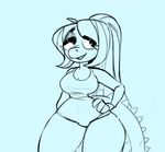  2017 alligator anthro big_breasts breasts cleavage clothed clothing crocodilian digital_media_(artwork) female grin hair half-closed_eyes hand_on_hip long_hair matz matzzacre reptile scalie simple_background smile solo swimsuit thick_thighs wide_hips 