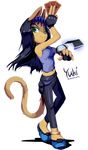  alpha_channel anthro black_hair breasts brown_fur clothed clothing female footwear fur goshaag green_eyes hair long_hair mammal midriff navel shoes simple_background solo transparent_background yuhi_laneford 