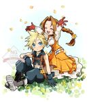  1boy 1girl aerith_gainsborough aerith_gainsborough_(garnet's_gown) baggy_pants bandaged_wrist bandages bare_shoulders black_choker black_gloves black_pants black_vest black_wrist_cuffs blonde_hair blue_eyes boots braid braided_ponytail breasts brown_hair chest_harness choker closed_eyes cloud_strife cloud_strife_(zidane's_outfit) cosplay cropped_vest crystal dress falling_petals field final_fantasy final_fantasy_vii final_fantasy_vii:_ever_crisis flower flower_field full_body garnet_til_alexandros_xvii garnet_til_alexandros_xvii_(cosplay) gloves grey_boots hair_flower hair_ornament harness highres jewelry jo_ro_ri light_blush lily_(flower) long_dress long_hair long_sleeves meadow medium_breasts official_alternate_costume open_mouth orange_dress pants parted_bangs pendant petals petticoat puffy_long_sleeves puffy_sleeves ribbed_sweater shirt short_hair sidelocks single_braid sitting sleeveless sleeveless_turtleneck smile spiked_hair suspenders sweater teeth turtleneck twitter_username upper_teeth_only vest white_shirt white_sweater wrist_cuffs yellow_flower yellow_pupils zidane_tribal zidane_tribal_(cosplay) 