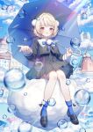  1girl black_shoes blonde_hair blue_socks bubble building commentary day full_body hair_ornament high-waist_skirt highres holding holding_umbrella long_sleeves looking_at_viewer miniskirt nemu_(nem_noki) on_cloud outdoors pinstripe_pattern pinstripe_shirt pinstripe_skirt pleated_skirt pom_pom_(clothes) pom_pom_hair_ornament red_eyes shirt shoes sitting skirt socks solo symbol-only_commentary ui_(voisona) umbrella voisona windmill 