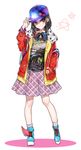  adjusting_clothes adjusting_hat bag black_eyes black_hair commentary_request full_body hat headphones headphones_around_neck highres hood hooded_jacket hoodie jacket kamen_rider kamen_rider_ex-aid_(series) long_hair peaked_cap plaid plaid_skirt saiba_niko shirako_miso skirt smile solo star 