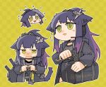  1girl animal_ears arknights bag black_bag black_jacket cat_ears cat_girl cat_tail checkered_background commentary_request cropped_legs fidgeting flying_sweatdrops green_eyes gun hair_ornament handgun holding holding_gun holding_weapon index_fingers_together jacket jessica_(arknights) jessica_the_liberated_(arknights) konno_akikaze looking_to_the_side microphone multicolored_hair multiple_views outline ponytail purple_hair sidelocks slit_pupils staccato_2011 streaked_hair tail twitter_username weapon yellow_background 