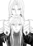  2boys 3_3lecho absurdres armor cloud_strife commentary evil_smile final_fantasy final_fantasy_vii final_fantasy_vii_remake gloves greyscale hair_over_shoulder hands_on_another's_shoulders height_difference highres long_bangs long_hair looking_down male_focus monochrome multiple_boys parted_bangs pauldrons sephiroth short_hair shoulder_armor single_pauldron sketch slit_pupils smile spiked_hair suspenders sweat sweater turtleneck turtleneck_sweater upper_body white_background 