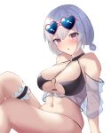  1girl azur_lane bikini black_bikini blue-tinted_eyewear breasts cleavage commentary eyewear_on_head feet_out_of_frame frilled_thigh_strap gunpuu hair_between_eyes heart heart-shaped_eyewear highres large_breasts looking_at_viewer navel o-ring o-ring_top official_alternate_costume pink-framed_eyewear pink_eyes short_hair simple_background sirius_(azur_lane) sirius_(scorching-hot_seirios)_(azur_lane) sitting solo sunglasses swimsuit thigh_strap tinted_eyewear white_background white_hair 