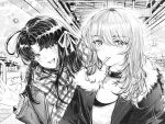  2girls awa_subaru ben-day_dots blush choker commentary_request fur-trimmed_jacket fur_trim girls_band_cry greyscale hair_ribbon hand_up highres jacket kawaragi_momoka looking_at_viewer monochrome mouth_hold multiple_girls parted_bangs plaid_clothes plaid_scarf qingzaoyicai ribbon scarf screentones upper_body waving 