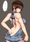  1girl arms_at_sides back backless_outfit bangs bare_arms bare_back bare_shoulders blush breasts brown_eyes brown_hair butt_crack closed_mouth commentary cowboy_shot dress halterneck highres large_breasts looking_at_viewer meme_attire naked_sweater norman_maggot ol-chan_(norman_maggot) original short_hair solo spoken_ellipsis sweater sweater_dress swept_bangs virgin_killer_sweater 