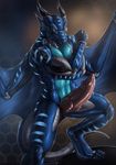  2017 android anthro dragon flexing hyper hyper_penis knot looking_at_viewer machine male muscular muscular_male nude pattern_background penis precum rakisha robot scalie simple_background solo tichar western_dragon 