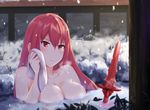  bathing blush breasts chyt fate/grand_order fate_(series) gae_bolg highres large_breasts long_hair looking_at_viewer nude partially_submerged purple_hair red_eyes scathach_(fate)_(all) scathach_(fate/grand_order) signature snow snowing solo wash_cloth 