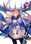  1girl absurdres aesc_(fate) aesc_(savior)_(fate) ahoge armor armored_dress black_bow black_fur black_gloves blonde_hair blue_eyes blue_ribbon bow breastplate cape cloak commentary_request cowboy_shot dress fate/grand_order fate_(series) fur-trimmed_cloak fur_trim gloves hair_bow highres hiro_(hirohiro_gorira) holding holding_staff long_hair long_sleeves looking_at_viewer multicolored_cloak ponytail ribbon solo staff two-tone_sleeves white_background white_cape white_cloak 