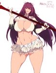  ass_visible_through_thighs bangs breasts cleavage cosplay cowboy_shot elbow_gloves eyebrows_visible_through_hair fate/grand_order fate_(series) gae_bolg gloves groin highres holding holding_spear holding_weapon huge_breasts lance large_breasts legs_apart long_hair looking_at_viewer medb_(fate)_(all) medb_(fate/grand_order) microskirt midriff navel open_mouth pinky_out polearm purple_hair red_eyes scathach_(fate)_(all) scathach_(fate/grand_order) sekiyu_(spartan) simple_background skirt solo spear stomach thick_thighs thighs toned weapon white_background white_gloves 