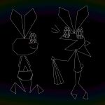 abstract_background anthro blush blush_lines butt clothing cotton_tail discarded_clothing discarded_skirt female flat_chested genitals hi_res holding_clothing holding_object kneeling knock-kneed lagomorph leporid long_ears looking_back mammal nipples nishi_oxnard on_model panties pink_blush rabbit rabbit_ears rear_view smile solo stick_figure surprised toony underwear undressing vib-ribbon vibri vulva