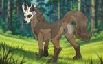  animal_genitalia animal_vulva anus black_claws black_pawpads black_sclera black_vulva blue_eyes brown_body brown_fur butt canid canine canine_genitalia canine_vulva claws female feral forest forest_background fridaflame fur genitals grass hi_res mammal nature nature_background pawpads pink_anus plant solo tree vulva 